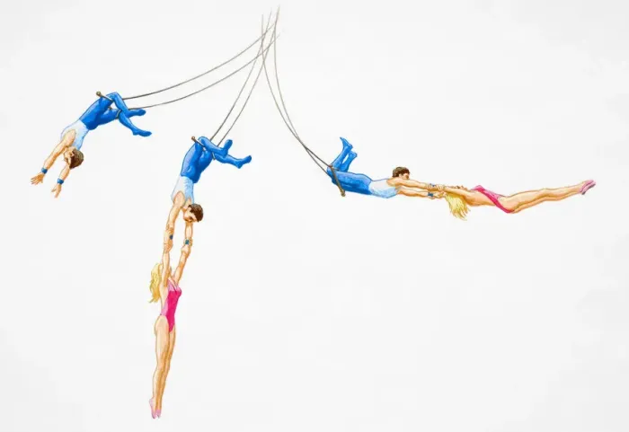 Framed Print : Trapeze artists in motion during performance, steps from start to completion of move Framed Print : Trapeze artists in motion during performance, steps from start to completion of move