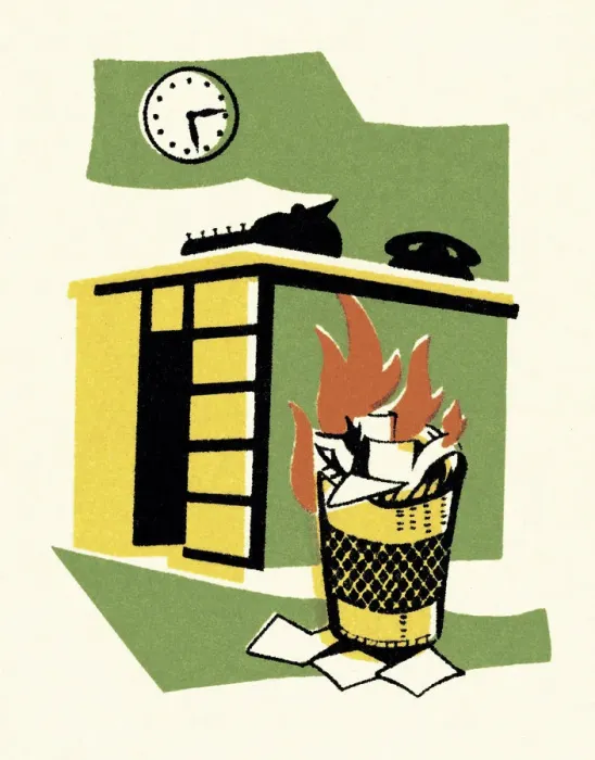 Framed Print : Trash Can on Fire by Desk Framed Print : Trash Can on Fire by Desk
