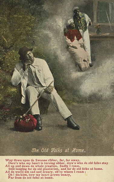 Traveler. A postcard of a black traveler thinking about his parents during
