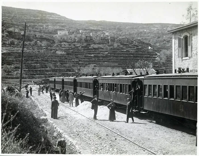 Framed Print : Travelers Alongside Train at Palestinian Station Framed Print : Travelers Alongside Train at Palestinian Station