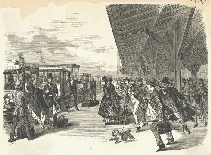Framed Print : Travelers Hastily Approaching Taxis at Train Depot Framed Print : Travelers Hastily Approaching Taxis at Train Depot