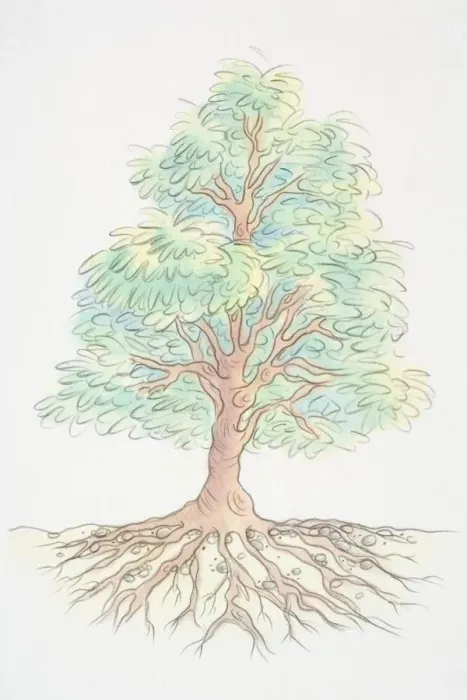 Framed Print : Tree with green foliage and extensive underground roots, front view Framed Print : Tree with green foliage and extensive underground roots, front view