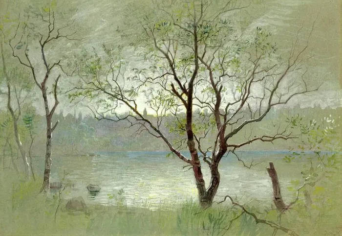 Framed Print : Two trees in the foreground framing the composition. Water in the middle ground, with silhouettes of buildings on the distant shore, 1880 Framed Print : Two trees in the foreground framing the composition. Water in the middle ground, with silhouettes of buildings on the distant shore, 1880