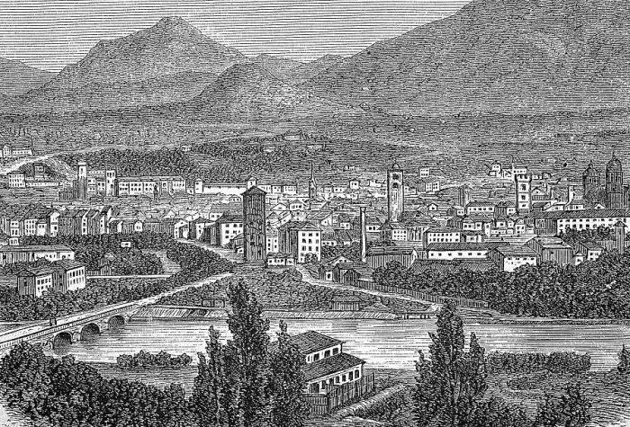 Framed Print : Trento in Trentino, years 1870, digitally restored reproduction of an original 19th century painting, exact original date not known, South Tyrol, Italy Framed Print : Trento in Trentino, years 1870, digitally restored reproduction of an original 19th century painting, exact original date not known, South Tyrol, Italy