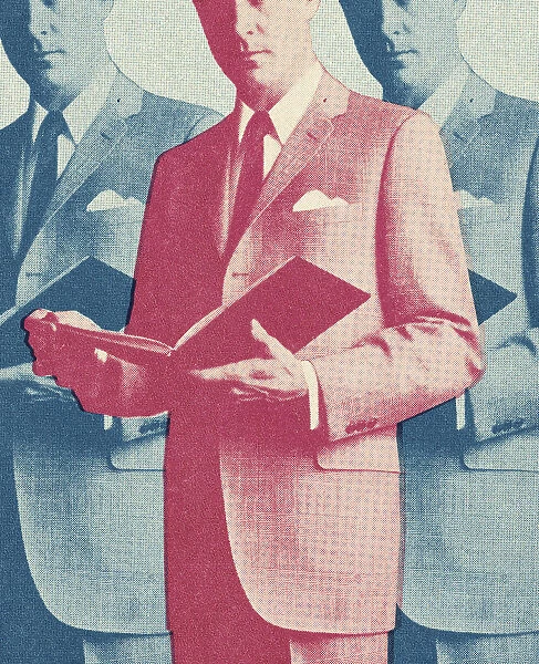 Triple image of a man holding an open book in blue and red