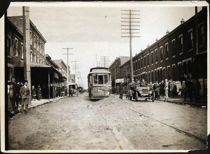 Framed Print : Trolley Car Blocked By Dirt Pile W / Flag Framed Print : Trolley Car Blocked By Dirt Pile W / Flag