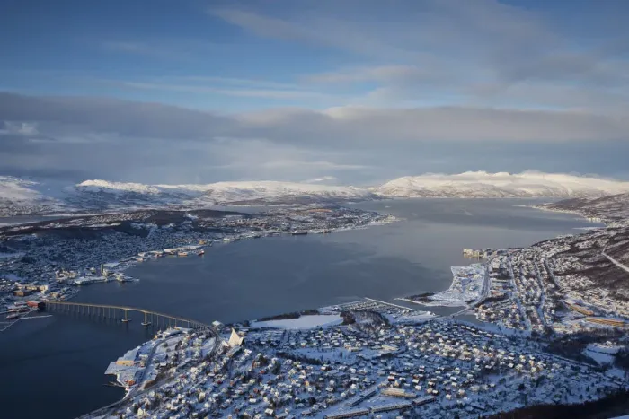 Framed Print : Tromso as seen from Fjellheisen aerial tramway in winter, Tromso, Norway, Europe Framed Print : Tromso as seen from Fjellheisen aerial tramway in winter, Tromso, Norway, Europe