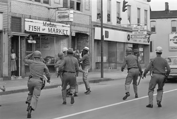 Framed Print : Troopers Subduing Man Violating Curfew Framed Print : Troopers Subduing Man Violating Curfew