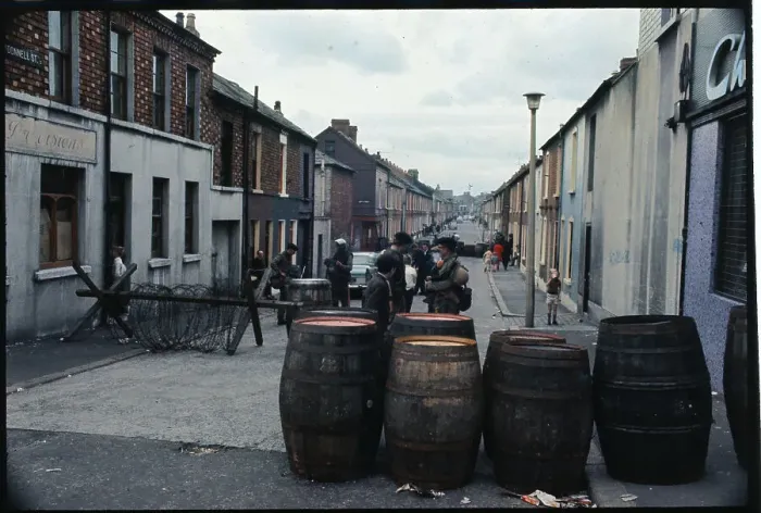 Framed Print : Troops, Barrels, Barbed Wire in Street Framed Print : Troops, Barrels, Barbed Wire in Street