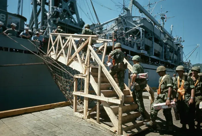 Framed Print : Troops Board Ship Leaving Vietnam Framed Print : Troops Board Ship Leaving Vietnam