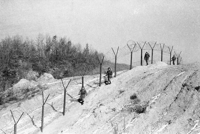 Framed Print : Troops Along DMZ Barrbed Wire Fence Framed Print : Troops Along DMZ Barrbed Wire Fence
