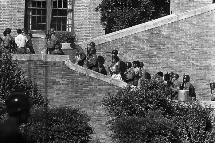 Framed Print : Troops Escorting Students up Steps Framed Print : Troops Escorting Students up Steps