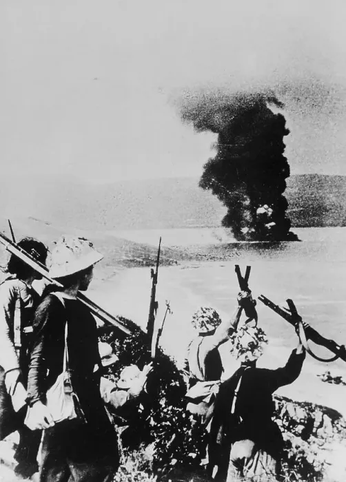 Framed Print : Troops Raising Arms in Joy at Burning Aircraft Framed Print : Troops Raising Arms in Joy at Burning Aircraft