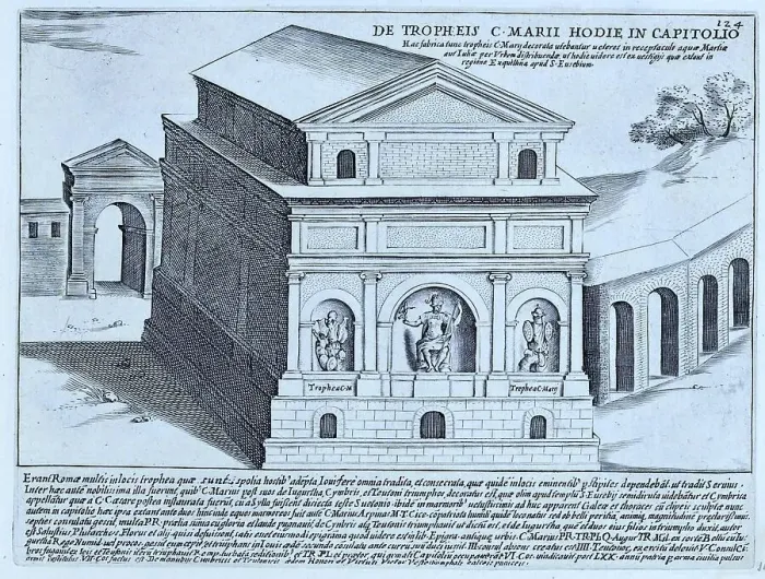 Framed Print : De Tropheis C. Marii Hodie In Capitolio The Monument to Marius on Capitol Hill, historical Rome, Italy, digital reproduction of an original 17th century artwork, original date unknown