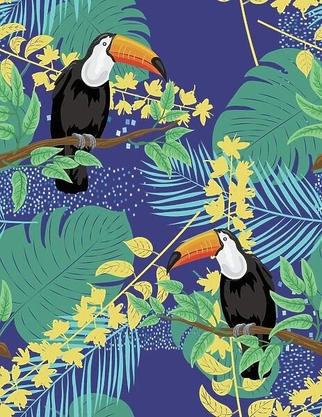 Tropical Plants And Toucan Seamless Pattern