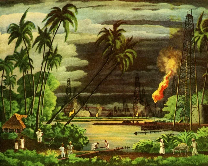 Framed Print : Tropical Setting with Oil Wells Framed Print : Tropical Setting with Oil Wells