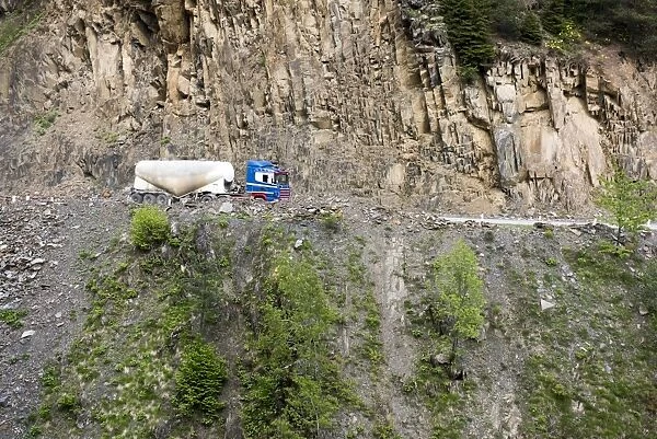 Truck on Road to Mestia of Svaneti region in Georgia