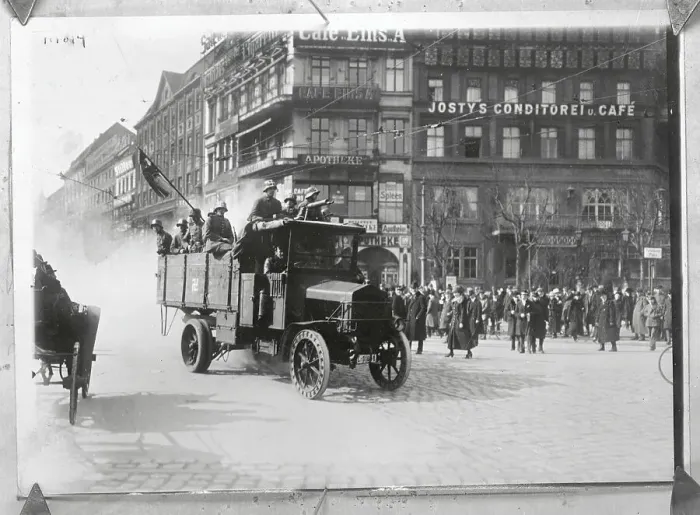 Framed Print : Truck with Troops Scattering Crowds at Potsdam Place Framed Print : Truck with Troops Scattering Crowds at Potsdam Place