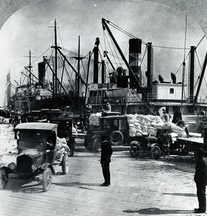 Framed Print : Trucks at Wharf Carry Bags from Ships Framed Print : Trucks at Wharf Carry Bags from Ships