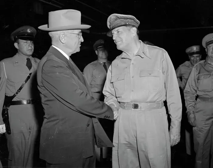 Framed Print : Truman And MacArthur Shake Hands Framed Print : Truman And MacArthur Shake Hands
