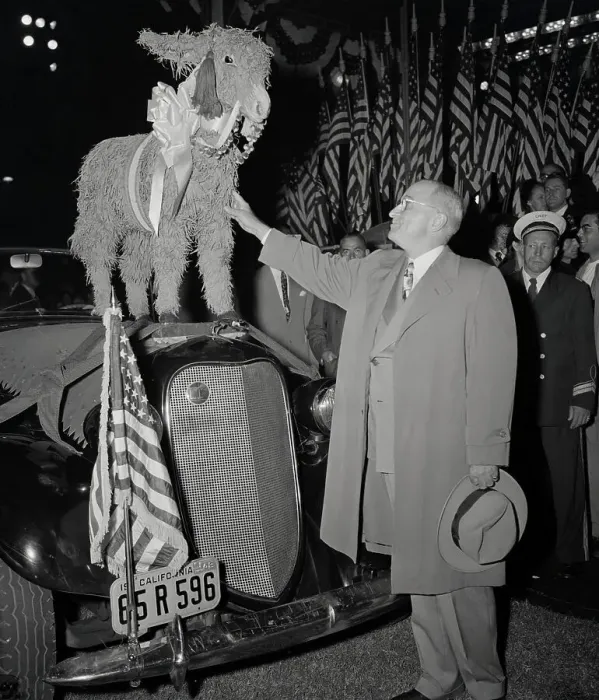 Framed Print : Truman Touching Donkey Mascot Framed Print : Truman Touching Donkey Mascot