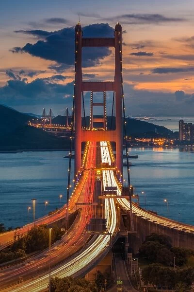 Front side of Tsing ma bridge with light trail