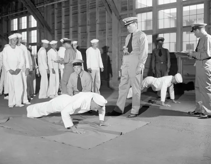 Framed Print : Tunney Watching Sailors Doing Pushups Framed Print : Tunney Watching Sailors Doing Pushups