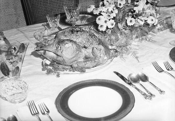 Turkey on set dining room table, color enhanced