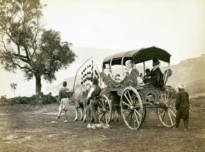 Framed Print : Turkish family going out in a carriage pulled by oxen, 1870, Turkey, Historic, digitally restored reproduction from a 19th century original Framed Print : Turkish family going out in a carriage pulled by oxen, 1870, Turkey, Historic, digitally restored reproduction from a 19th century original