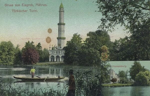 Turkish tower in Eisgrub, Moravia, today Lednice, Czech Republic, view around ca 1910, digital reproduction of a historical postcard, from that time, exact date unknown