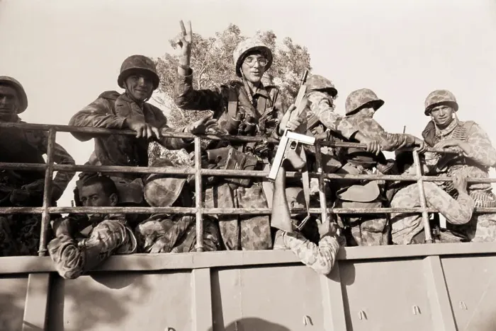 Framed Print : Turkish Troops on Truck Giving Peace Sign