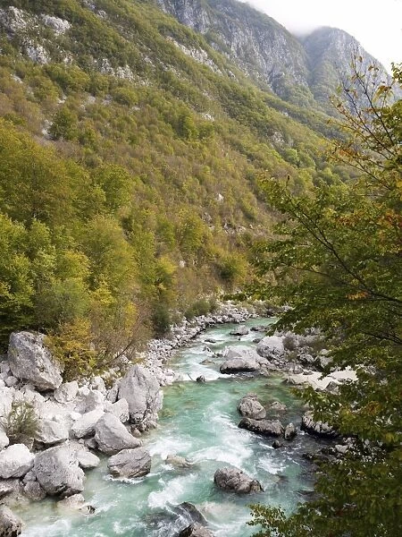 Turqouise Soca river near Bovec, Soca Valley, Triglav National Park, Slovenia, Europe
