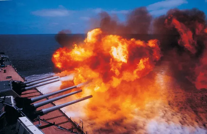 Framed Print : Turret guns firing from Battleship USS Missouri