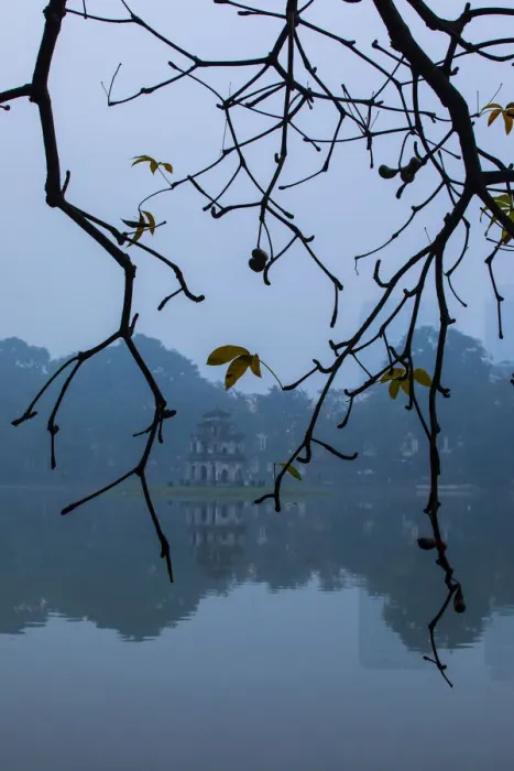 Framed Print : Turtle Tower with winter tree in Hoan Kiem Lake, Center Hanoi, Winter, Morning, Vietnam