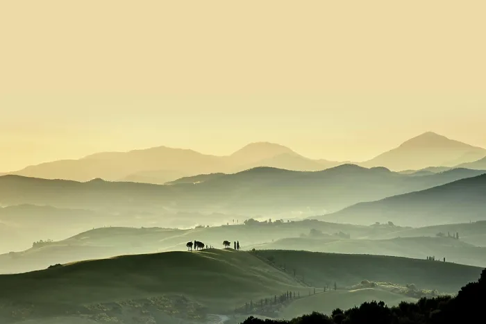 Framed Print : Tuscany landscape with hills at sunset, San Quirico d Orcia, Val d Orcia, Tuscany, Italy Framed Print : Tuscany landscape with hills at sunset, San Quirico d Orcia, Val d Orcia, Tuscany, Italy