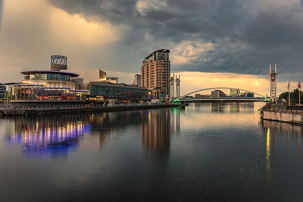 Twilight at Salford Quays in Manchester, UK