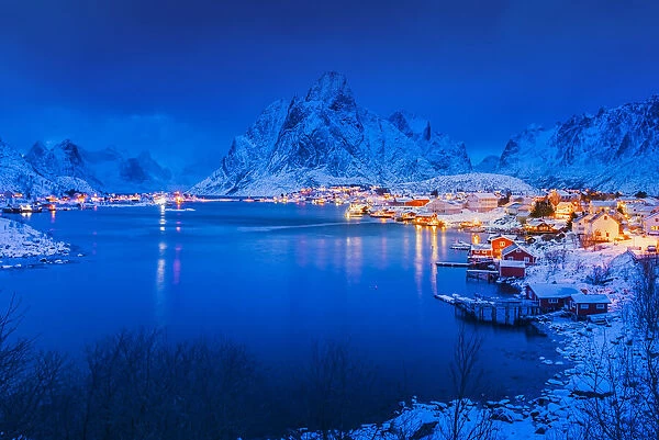 Twilight time of Idyllic coastal village at Reine in winter, Norway