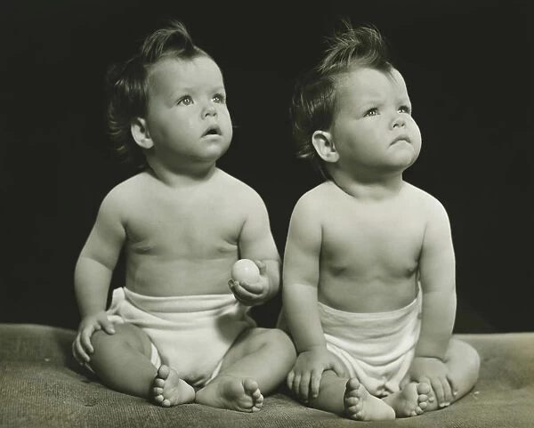 Twin brothers (9-12 months) sitting on blanket, (B&W), portrait