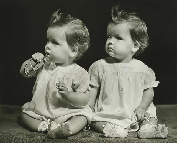 Twin sisters (9-12 months)sitting on blanket, (B&W), portrait