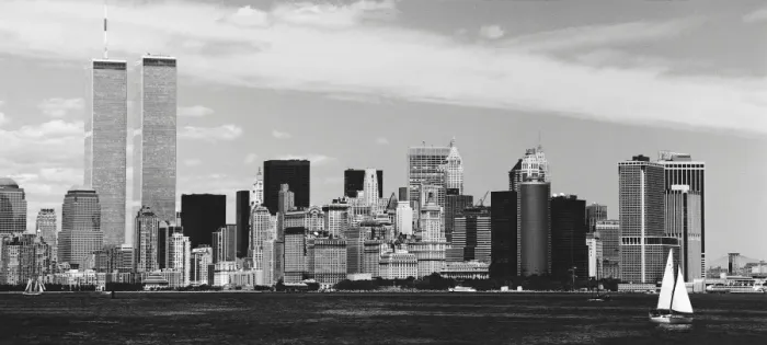 Framed Print : Twin Towers with sailboat in the foreground, New York, USA Framed Print : Twin Towers with sailboat in the foreground, New York, USA