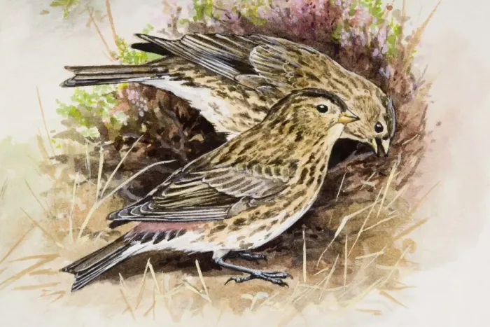 Framed Print : Twite (Carduelis flavirostris), two birds, one of them pecking, amongst purple heather, side view Framed Print : Twite (Carduelis flavirostris), two birds, one of them pecking, amongst purple heather, side view