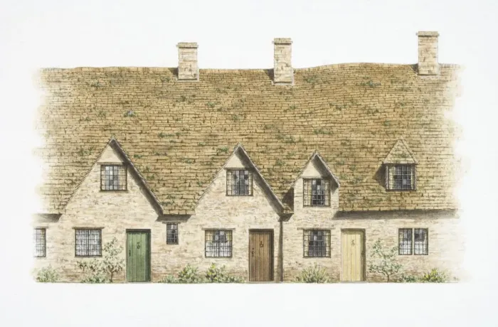 Framed Print : Two-storey Arlington Row cottage made of Cotswold stone, front view Framed Print : Two-storey Arlington Row cottage made of Cotswold stone, front view