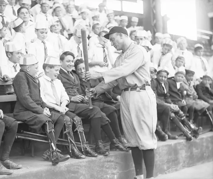Framed Print : Ty Cobb Showing Disabled Kids His Bat Framed Print : Ty Cobb Showing Disabled Kids His Bat