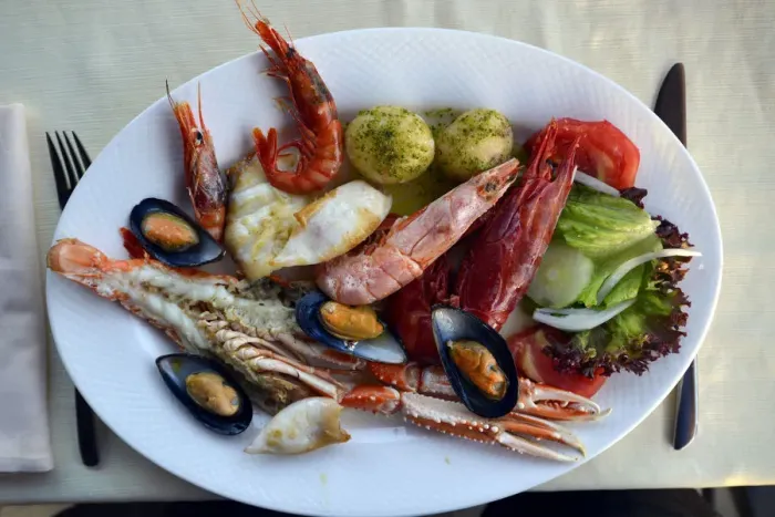 Framed Print : Typical fish dish with shrimps, mussels, whiting, octopus, boiled potatoes, Lanzarote, Canary Islands, Spain Framed Print : Typical fish dish with shrimps, mussels, whiting, octopus, boiled potatoes, Lanzarote, Canary Islands, Spain