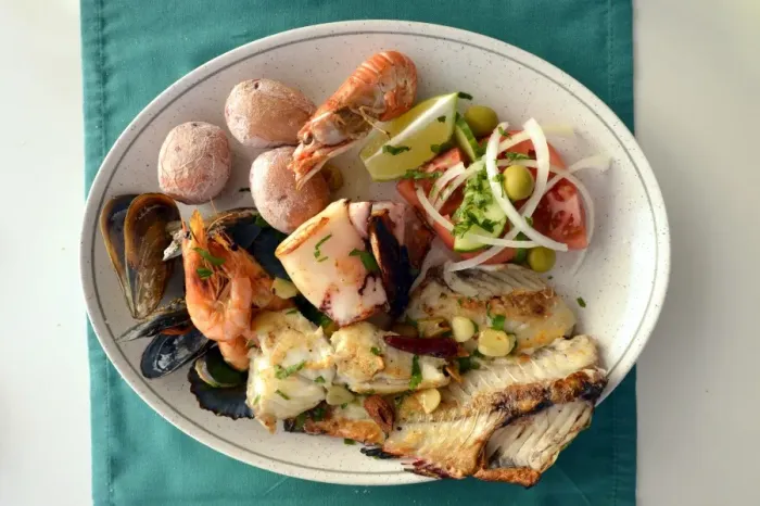 Framed Print : Typical fish dish with shrimps, mussels, whiting, octopus, boiled potatoes, Lanzarote, Canary Islands, Spain Framed Print : Typical fish dish with shrimps, mussels, whiting, octopus, boiled potatoes, Lanzarote, Canary Islands, Spain