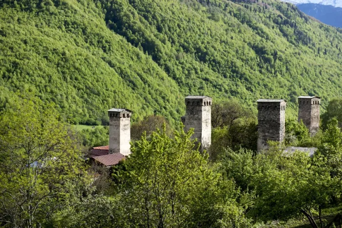 Framed Print : Typical Svanetian tower in Mestia of Georgia