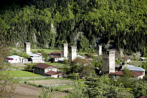 Typical Svanetian tower in Mestia of Georgia