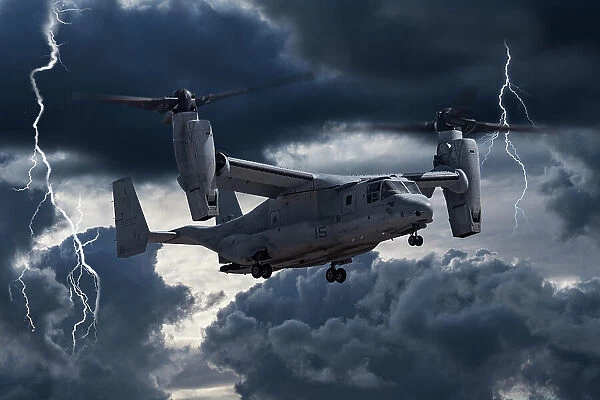 U. S. Marine Corps Bell / Boeing U. S. Marine MV-22 Osprey tilt-rotor aircraft with lightning