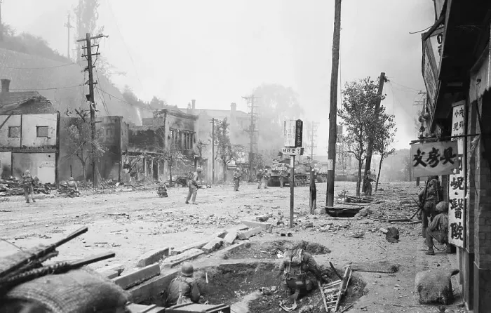 Framed Print : U. S. Soldiers Walking in War Torn Seoul Street Framed Print : U. S. Soldiers Walking in War Torn Seoul Street