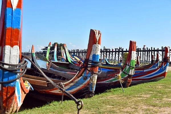 ubein bridge with boats Myanmar